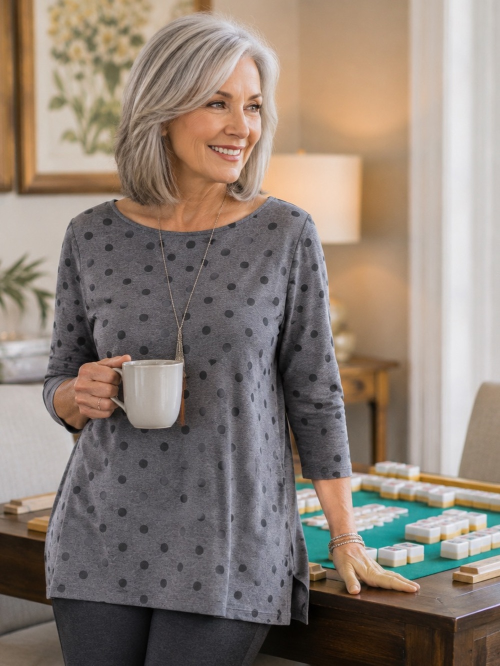 Talbots Charcoal Polka Dot Long Sleeve Top Suze 1XP